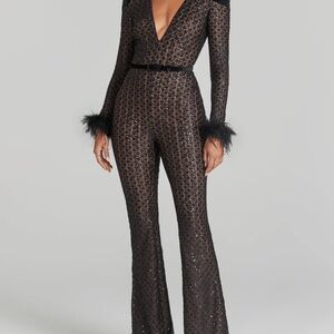 NADINE MERABI Black Sequin Jumpsuit with Feather Details